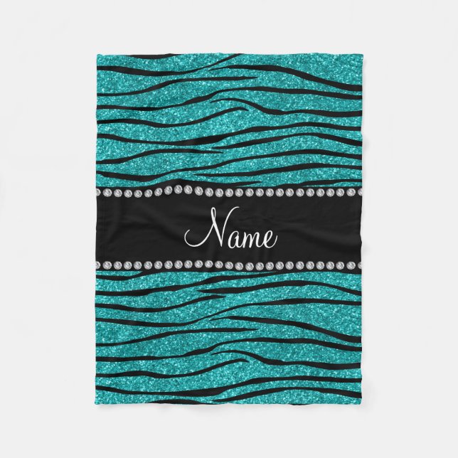 Personalise name turquoise glitter zebra stripes fleece blanket (Front)