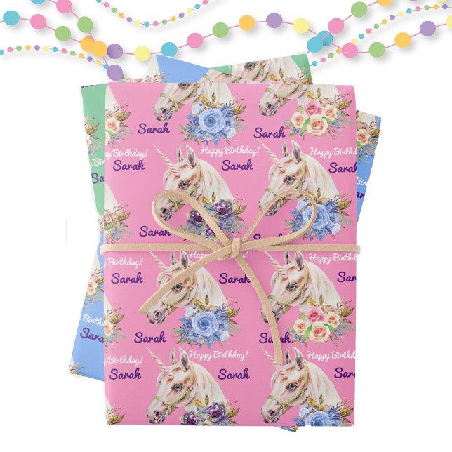 Personalise Name Unicorn Girl's Birthday Party Wrapping Paper Sheet (Creator Uploaded)