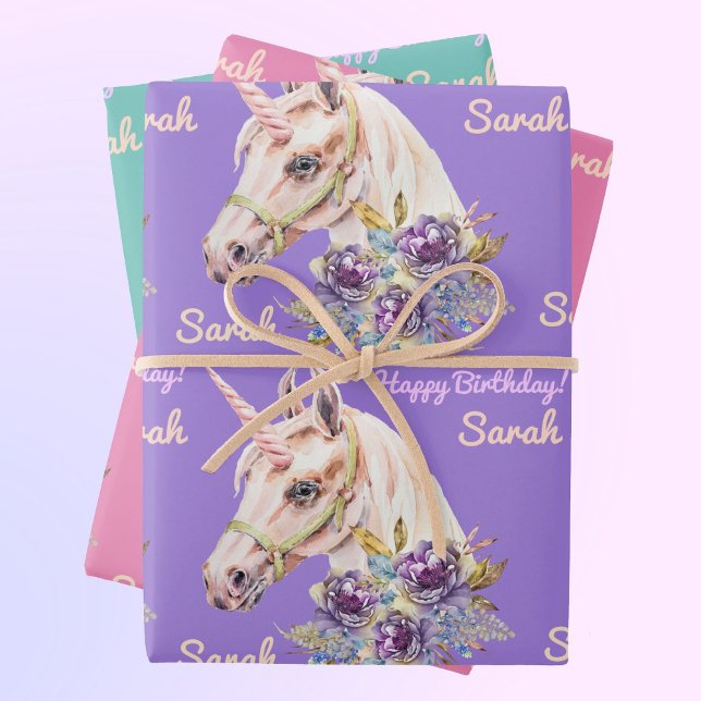 Personalise Name Unicorn Girl's Birthday Party Wrapping Paper Sheet (Creator Uploaded)