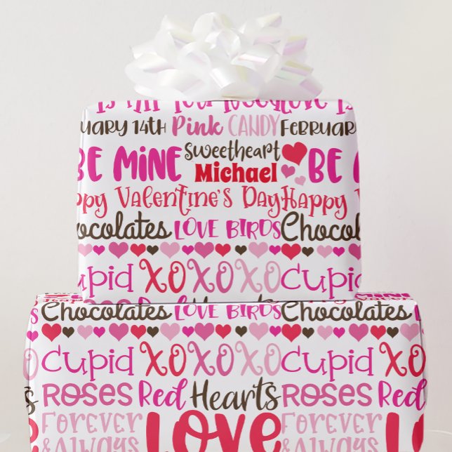 Personalise Name Valentines Day Red Pink Hearts Wrapping Paper (Creator Uploaded)