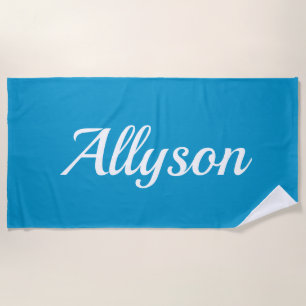Personalise Name, White Script / Blue Beach Towel