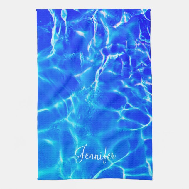 Personalise Name, White Script, Blue Pool Water Tea Towel (Vertical)