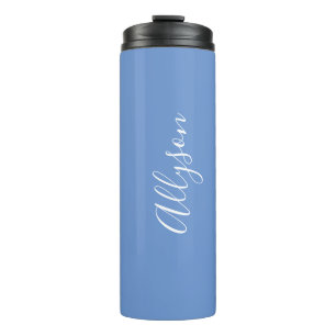 Personalise Name White Script Vertical, Blue Thermal Tumbler