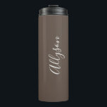 Personalise Name White Script Vertical, Chocolate Thermal Tumbler<br><div class="desc">Personalise your Name vertically In white Script Text on chocolate background. Click “Customise” to change colours and type styles.</div>
