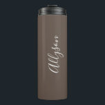 Personalise Name White Script Vertical, Chocolate Thermal Tumbler<br><div class="desc">Personalise your Name vertically In white Script Text on chocolate background. Click “Customise” to change colours and type styles.</div>