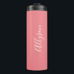 Personalise Name White Script Vertical, Coral Thermal Tumbler<br><div class="desc">Personalise your Name vertically In white Script Text on Coral background. Click “Customise” to change colours and type styles.</div>