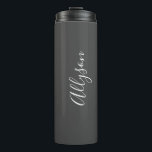 Personalise Name White Script Vertical, Dark Grey Thermal Tumbler<br><div class="desc">Personalise your Name vertically In white Script Text on Dark Grey background. Click “Customise” to change colours and type styles.</div>