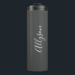 Personalise Name White Script Vertical, Dark Grey Thermal Tumbler<br><div class="desc">Personalise your Name vertically In white Script Text on Dark Grey background. Click “Customise” to change colours and type styles.</div>