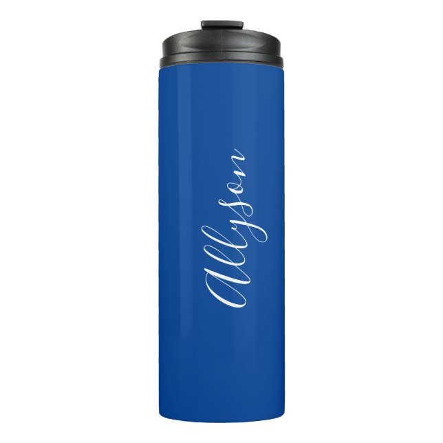 Personalise Name White Script Vertical, Deep Blue Thermal Tumbler (Front)