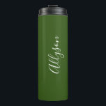 Personalise Name White Script Vertical ForestGreen Thermal Tumbler<br><div class="desc">Personalise your Name vertically In white Script Text on Forest Green background. Click “Customise” to change colours and type styles.</div>