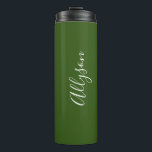 Personalise Name White Script Vertical ForestGreen Thermal Tumbler<br><div class="desc">Personalise your Name vertically In white Script Text on Forest Green background. Click “Customise” to change colours and type styles.</div>