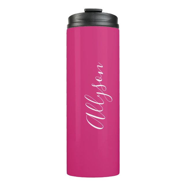Personalise Name White Script Vertical, Fuchsia Thermal Tumbler (Front)