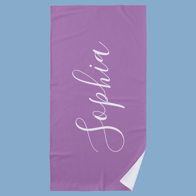 Personalise Name White Script Vertical, Lavender Beach Towel (Creator Uploaded)