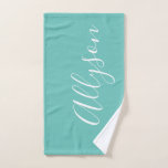Personalise Name White Script Vertical, Light Teal Hand Towel<br><div class="desc">Personalise your Name vertically In white Script Text on Light Teal background. Click “Edit Using Design Tool” to change colours and type styles.</div>