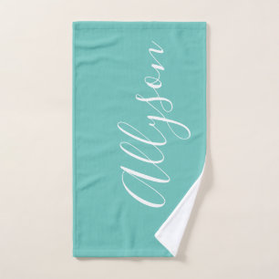 Personalise Name White Script Vertical, Light Teal Hand Towel