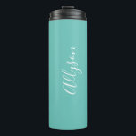 Personalise Name, White Script Vertical, Lt. Teal Thermal Tumbler<br><div class="desc">Personalise your Name vertically In white Script Text on light teal background. Click “Customise” to change colours and type styles.</div>