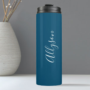 Personalise Name White Script Vertical Ocean Blue  Thermal Tumbler