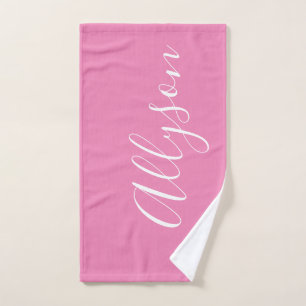 Personalise Name White Script Vertical, Pink Hand Towel