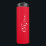 Personalise Name White Script Vertical, Red Thermal Tumbler<br><div class="desc">Personalise your Name vertically In white Script Text on Red background. Click “Edit Using Design Tool” to change colours and type styles.</div>