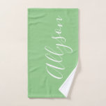 Personalise Name White Script Vertical, Sage Hand Towel<br><div class="desc">Personalise your Name vertically In white Script Text on sage background. Click “Edit Using Design Tool” to change colours and type styles.</div>