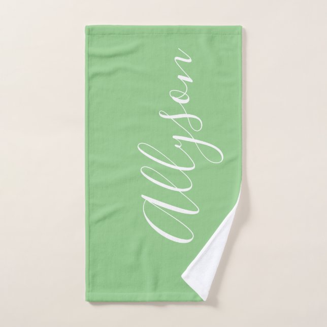 Personalise Name White Script Vertical, Sage Hand Towel (Hand Towel)