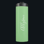 Personalise Name White Script Vertical, Sage Thermal Tumbler<br><div class="desc">Personalise your Name vertically In white Script Text on sage background. Click “Customise” to change colours and type styles.</div>