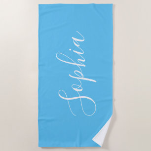 Personalise Name White Script Vertical, Sky Blue Beach Towel