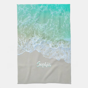Personalise Name, White & Teal, Gentle Beach Waves Tea Towel
