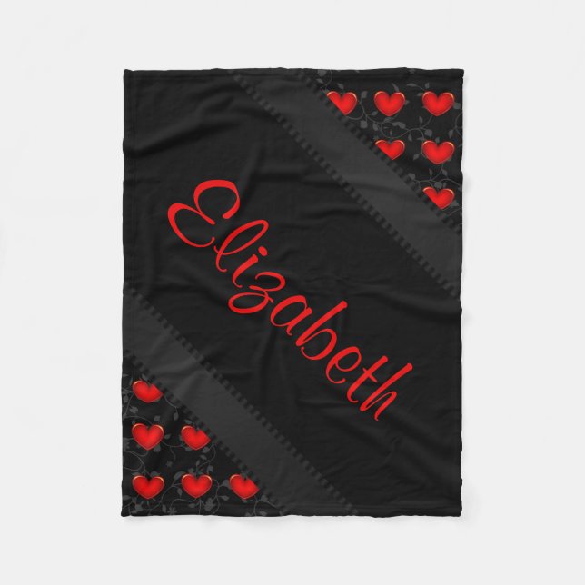 Personalise Name Womens Beautiful Red Black Heart Fleece Blanket (Front)