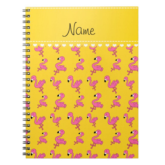 Personalise name yellow pink flamingos spiral notebook (Front)