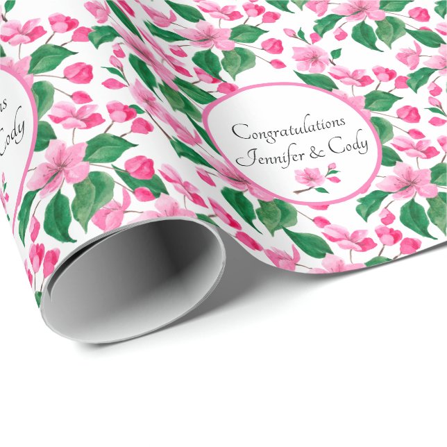 Personalise Names Cherry Blossoms Wedding Gift Wrapping Paper (Roll Corner)