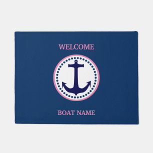 Personalise Nautical Blue Welcome Boat Name Stripe Doormat