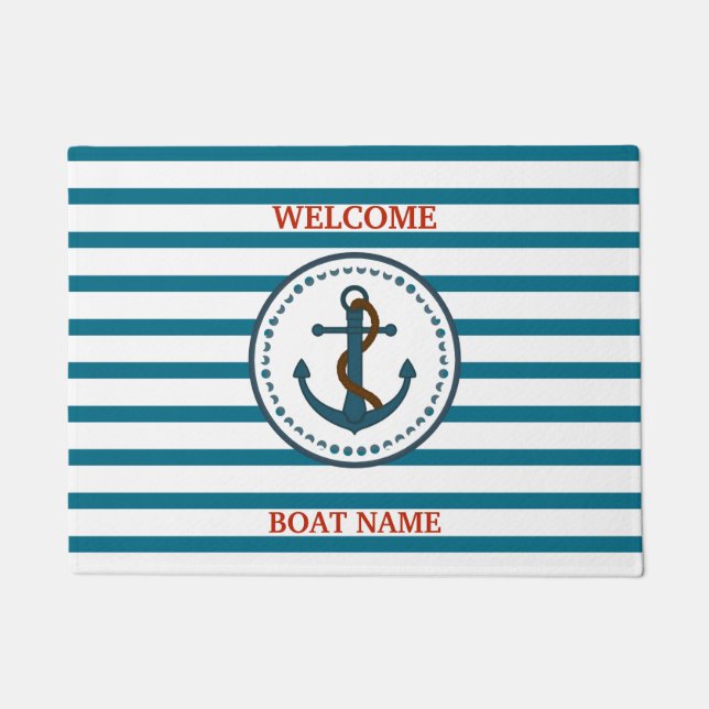 Personalise Nautical Blue Welcome Boat Name Stripe Doormat (Front)