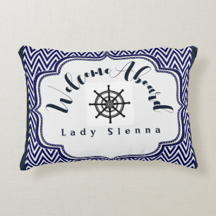 Personalise Navy Blue and White with Ship Wheel Decorative Cushion