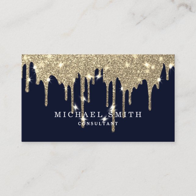 Personalise Navy Blue Gold Drip Modern Stylish Business Card (Front)