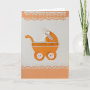 Personalise Orange baby carriage with white button Card