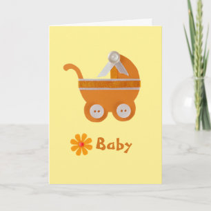 Personalise Orange baby carriage with white button Card