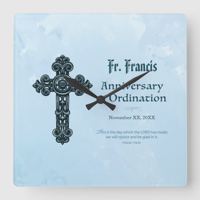 Personalise, Ordination Anniversary Priest, Cross Square Wall Clock (Front)