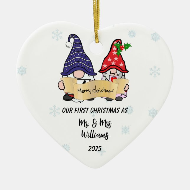 Personalise Our First Christmas Gnomes Ceramic Tree Decoration (Front)