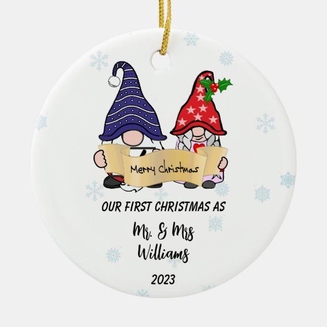 Personalise Our First Christmas Gnomes Ceramic Tree Decoration (Front)