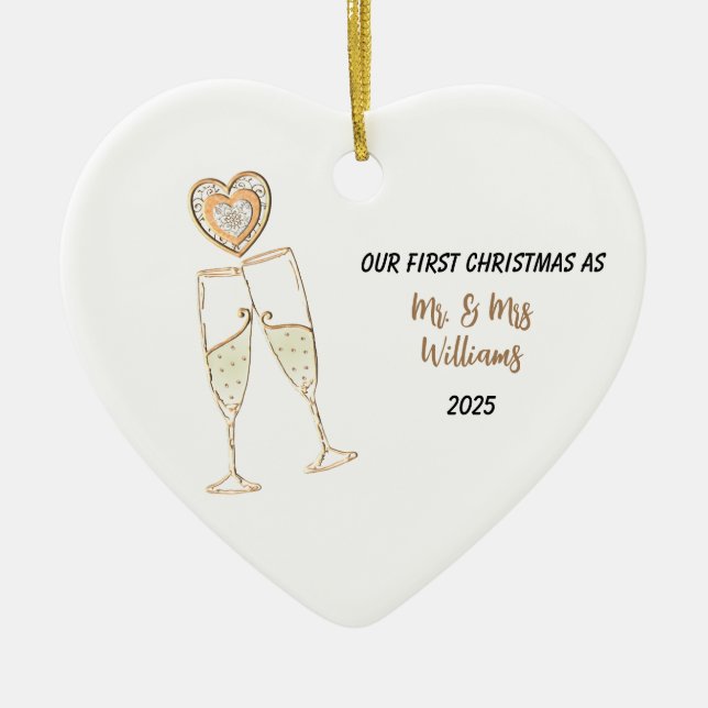 Personalise Our First Christmas Heart & Champagne Ceramic Tree Decoration (Front)
