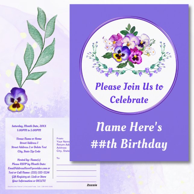 Personalise Pansies, Birthday Postcard Invitations (Birthday Save the Date Postcards. Cheap Save the Dates. Purple, Lavender Birthday. Pansy Birthday.)
