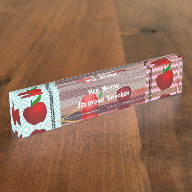 Personalise Pattern Apple Art Name Teacher Class Nameplate (Side)