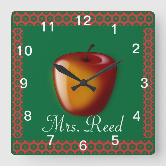 Personalise Pattern Apple Art Name Teacher Class Square Wall Clock (Front)