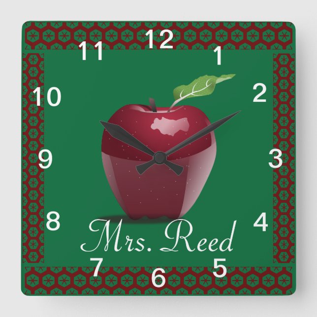 Personalise Pattern Apple Art Name Teacher Class Square Wall Clock (Front)