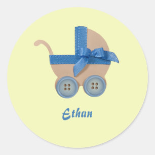 Personalise Peach and blue baby carriage Classic Round Sticker