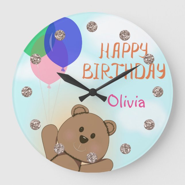 Personalise, personal, birthday, Teddy bear Large Clock (Front)