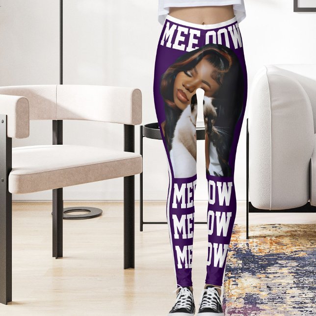 Personalise Pet Cat Mum Cute Purple White Photo Leggings (Creator Uploaded)