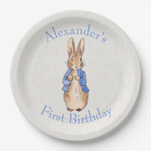 Personalise Peter the rabbit beige linen textured Paper Plate
