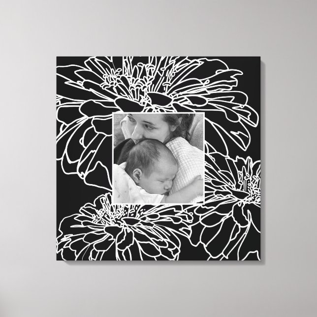 Personalise photo black white floral line drawing  canvas print (Front)